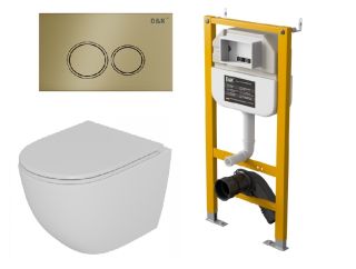 Комплект DQ Унитаз подвесной безободковый DT1396016, Инсталляция DI8050127, Клавиша смыва DB1529007, матовое золото (DS1391622)