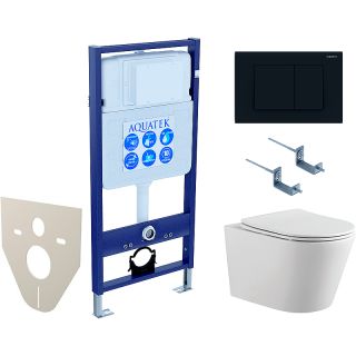 Комплект унитаза с инсталляцией Aquatek Set AQUATEK ВЕГА-012 4в1 с сиденьем Микролифт и Черной матовой клавишей смыва