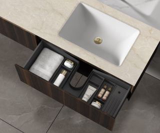 База под раковину Vincea Luxe 1400 подвесная, 2 выкатных ящика soft close, шпон натуральный орех