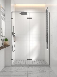 Душевая дверь распашная Veconi Premium Alassio GR, 1400х2000, брашированный графит, стекло прозрачное осветленное