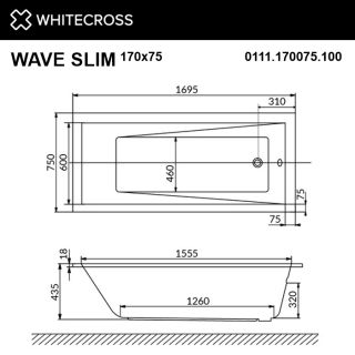 Гидромассажная ванна WHITECROSS Wave Slim 0111.170075.100.SMARTNANO.CR170x75 см Smart Nano хром