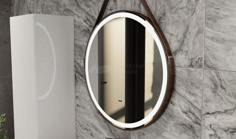 Зеркало круглое Jorno Wood 60, с подсветкой, кожаный ремень