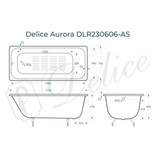 Ванна чугунная Delice Aurora DLR230606-AS 170x75 с антискользящим покрытием