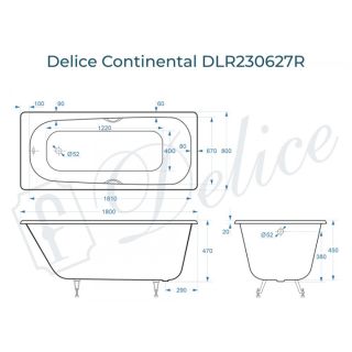 Ванна чугунная Delice Continental DLR230627R 180х80 с отверстиями под ручки