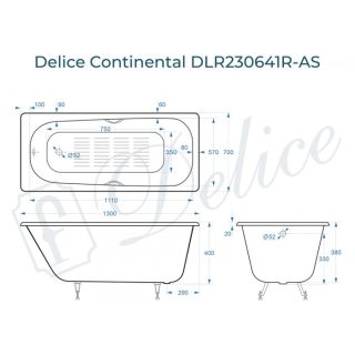 Ванна чугунная Delice Continental DLR230641R-AS 130х70 с отверстиями под ручки и антискользящим покрытием