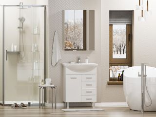 Напольная тумба под раковину Misty Стелла 65см с четырьмя ящиками и бельевой корзиной белый