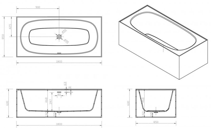 Ванна из искусственного камня ABBER Blitz AS9501WL 180x85см чёрный мрамор