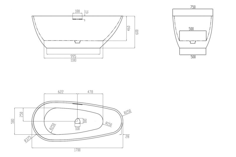 Ванна из искусственного камня ABBER Dortmund AM9911BW 170x75см чёрно-белый матовый
