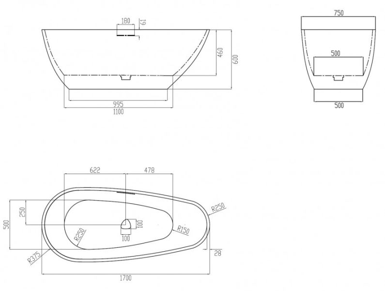 Ванна из искусственного камня ABBER Dortmund AM9911 170x75см белый