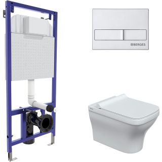 Комплект Berges 4в1 042453: инсталляция NOVUM кнопка L2 матовый хром унитаз Strati Rimless сиденье Strati Slim SO